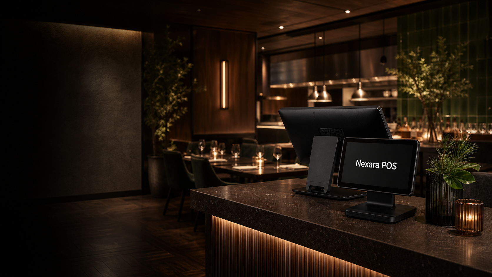 Restaurant service counter with Nexara POS screens supporting hospitality workflows