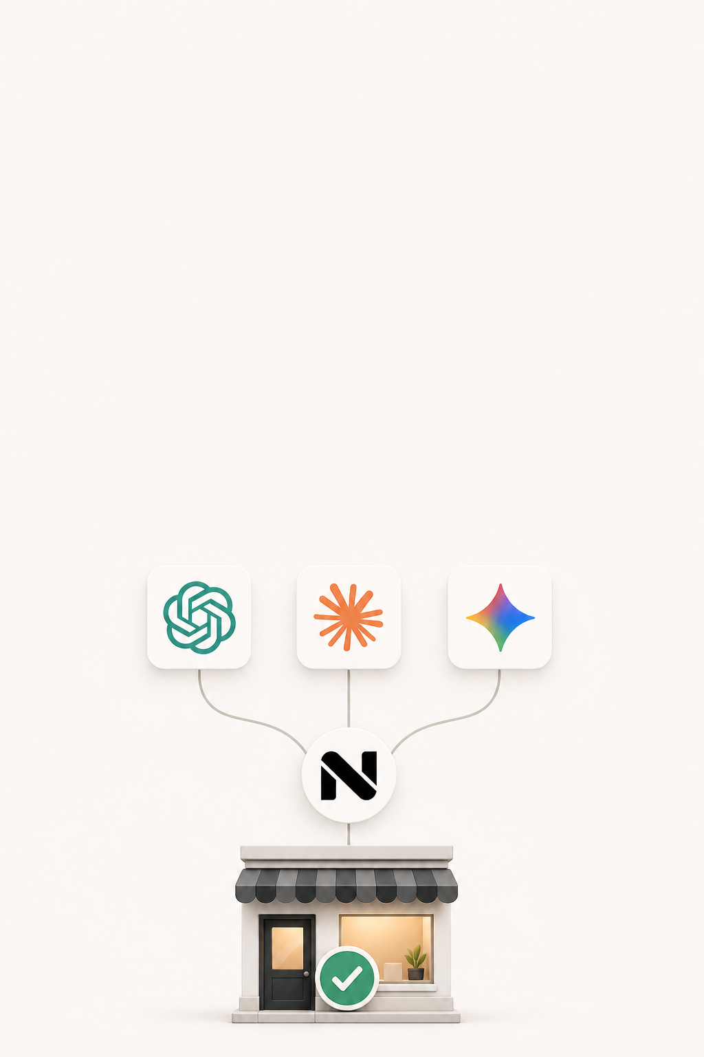 ChatGPT, Claude, and Gemini agents connecting through Nexara to confirm a store order
