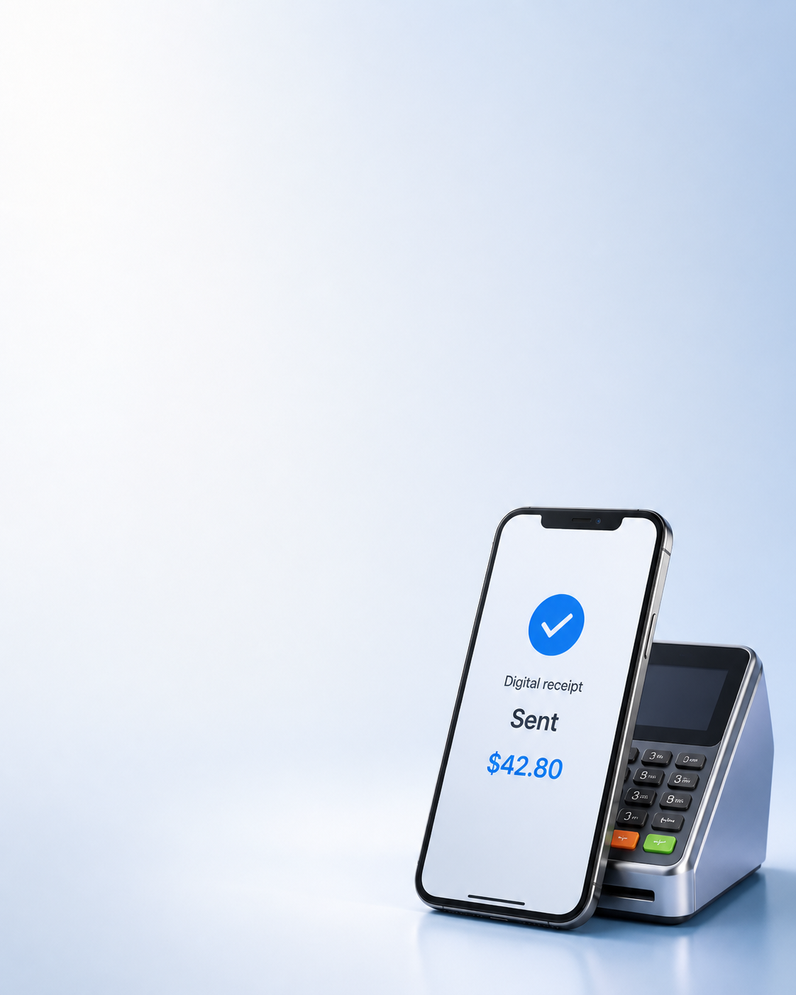 Phone showing a sent electronic receipt beside a payment terminal
