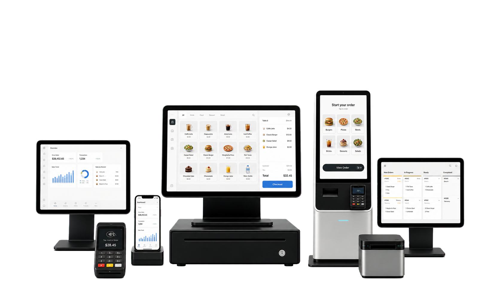 Nexara POS product family with front-facing checkout, kiosk, hospitality, analytics, inventory, and payment screens