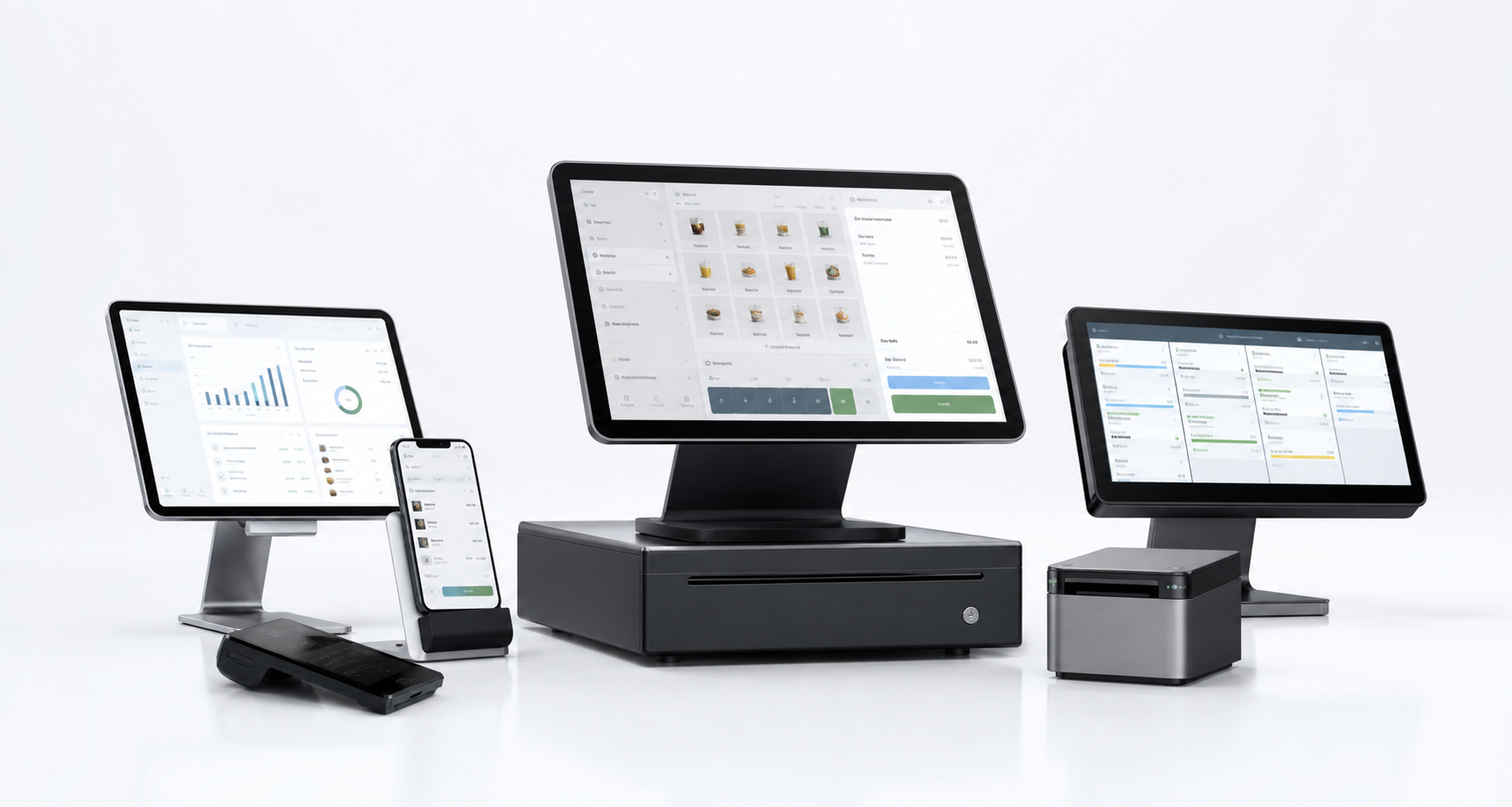 Nexara POS product family with checkout, kiosk, analytics, inventory, and payment screens