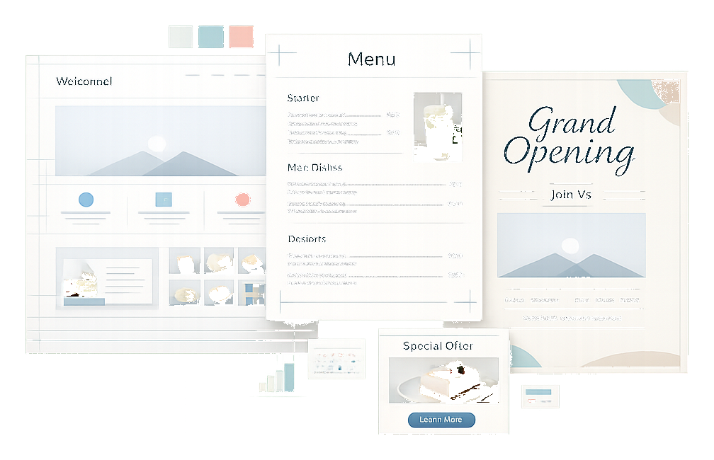 Design draft collage showing a starter website, menu, poster, and campaign ad materials