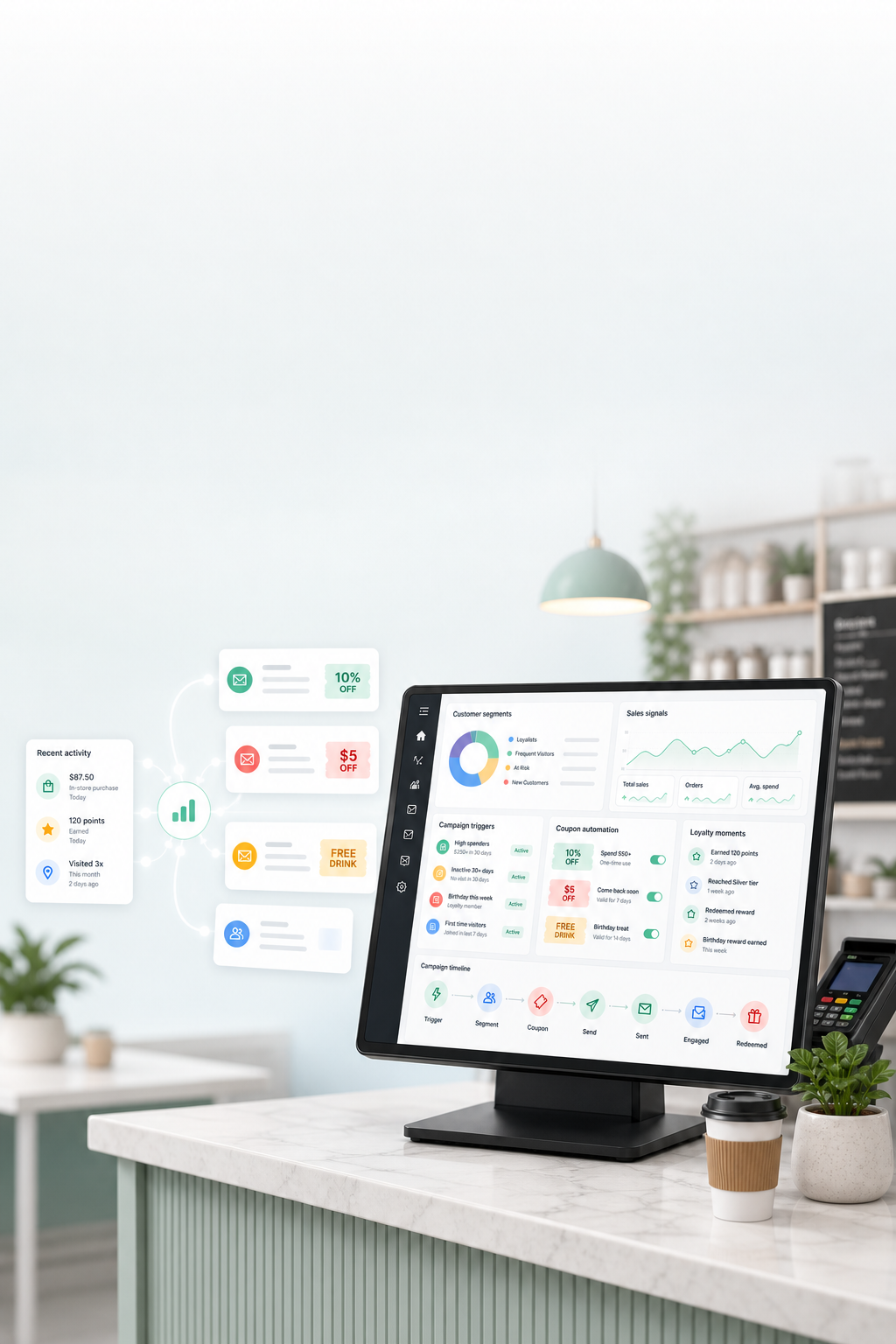 Automated marketing feature visual with customer segments and campaign triggers