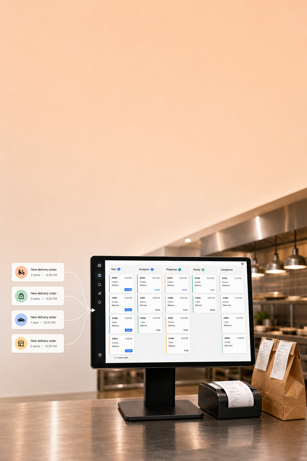 Delivery integrations feature visual with incoming order channels and kitchen flow