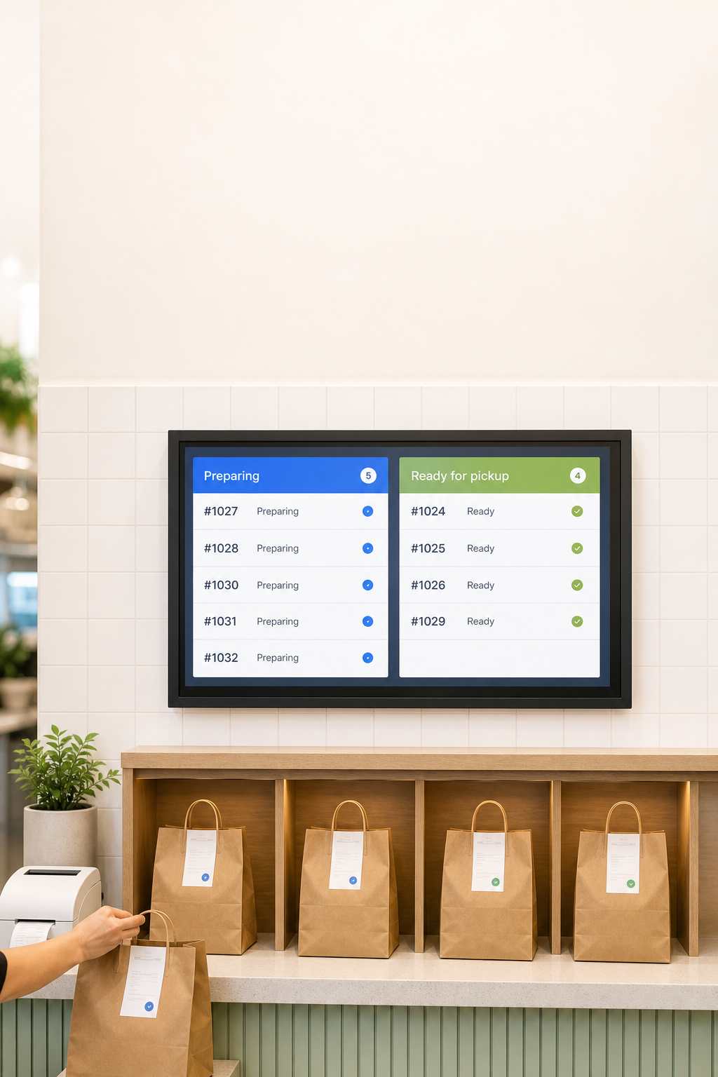 Photorealistic pickup display screen in a restaurant service area