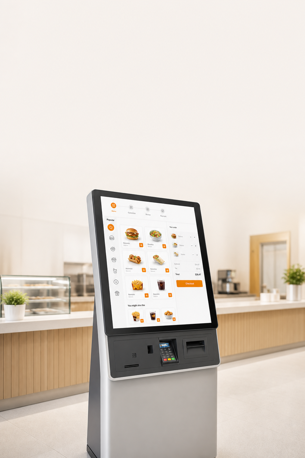 Self-ordering kiosk feature visual showing guided ordering and checkout