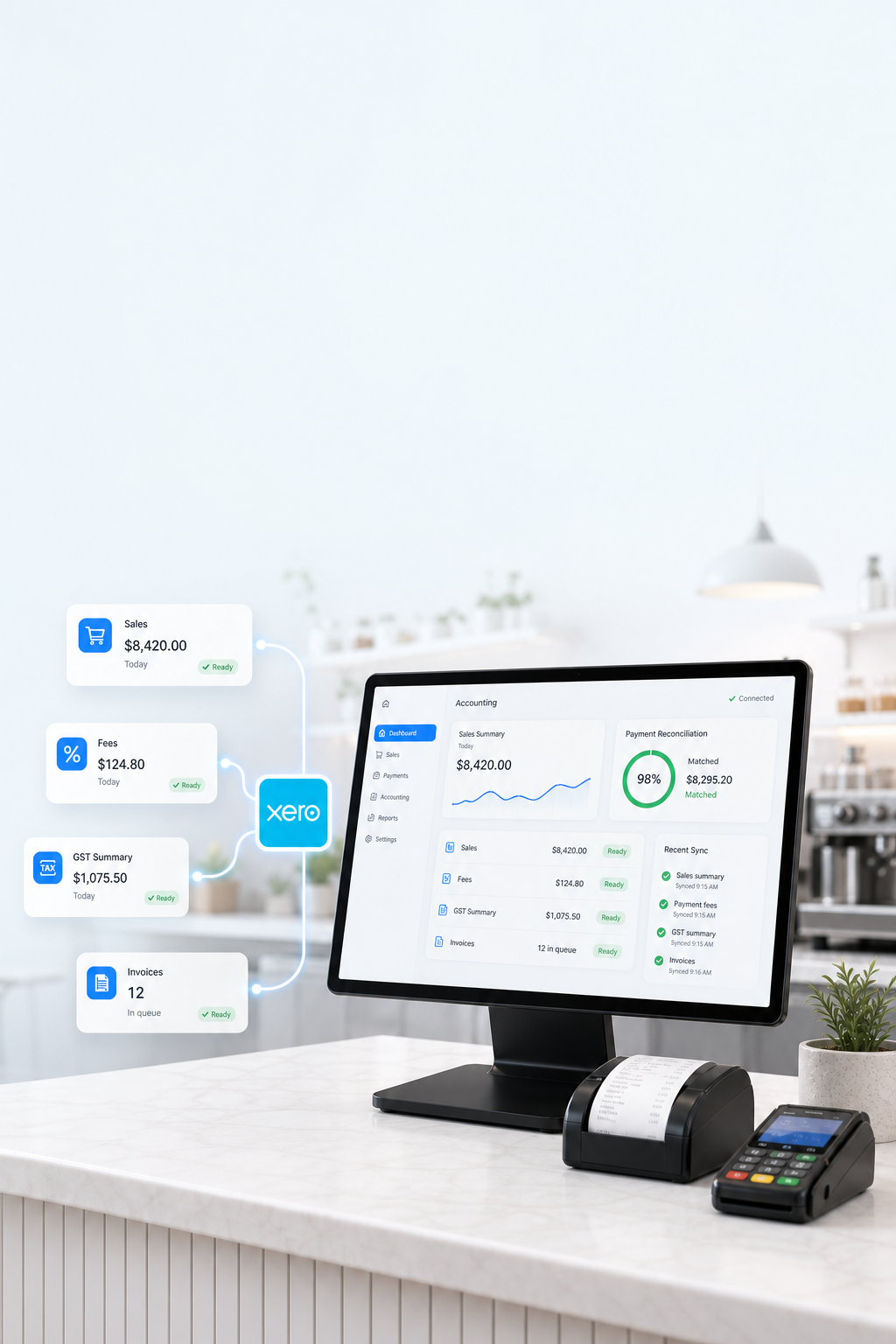 Xero integration feature visual with POS data syncing to accounting records