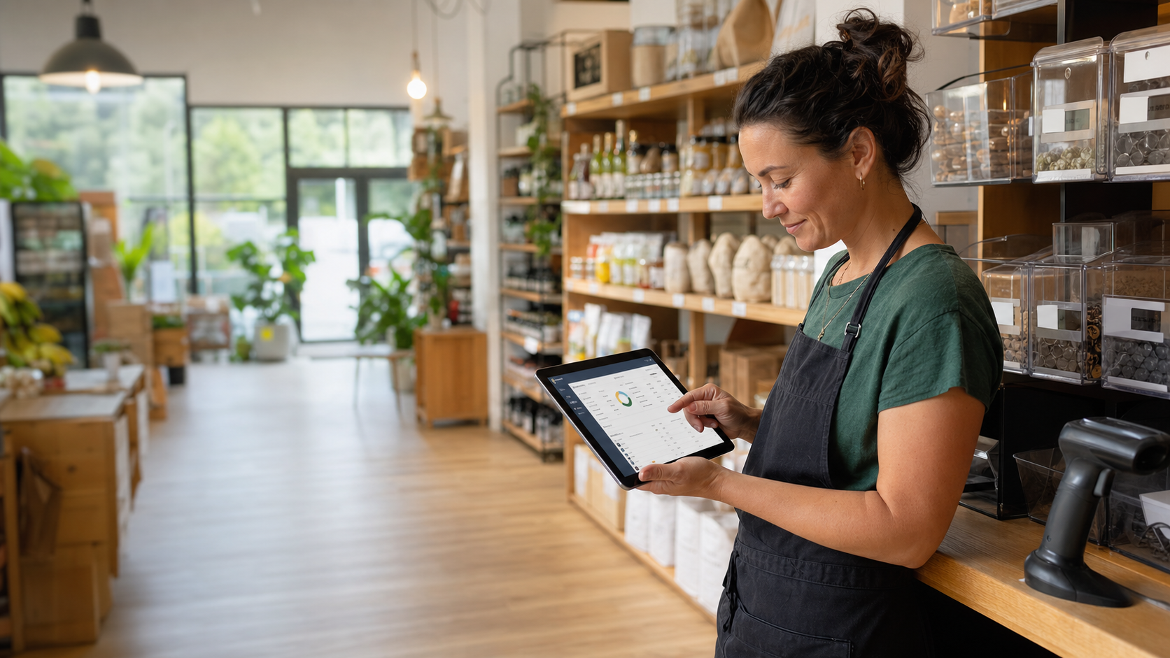 Store owner reviewing inventory management and stock control in a retail environment