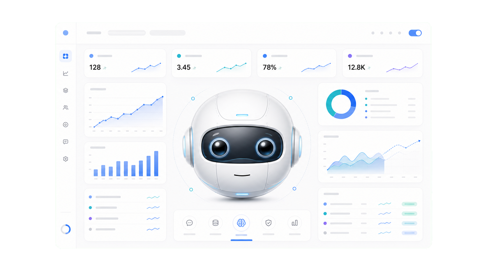 Light AI management dashboard with a large robot assistant and trend analytics