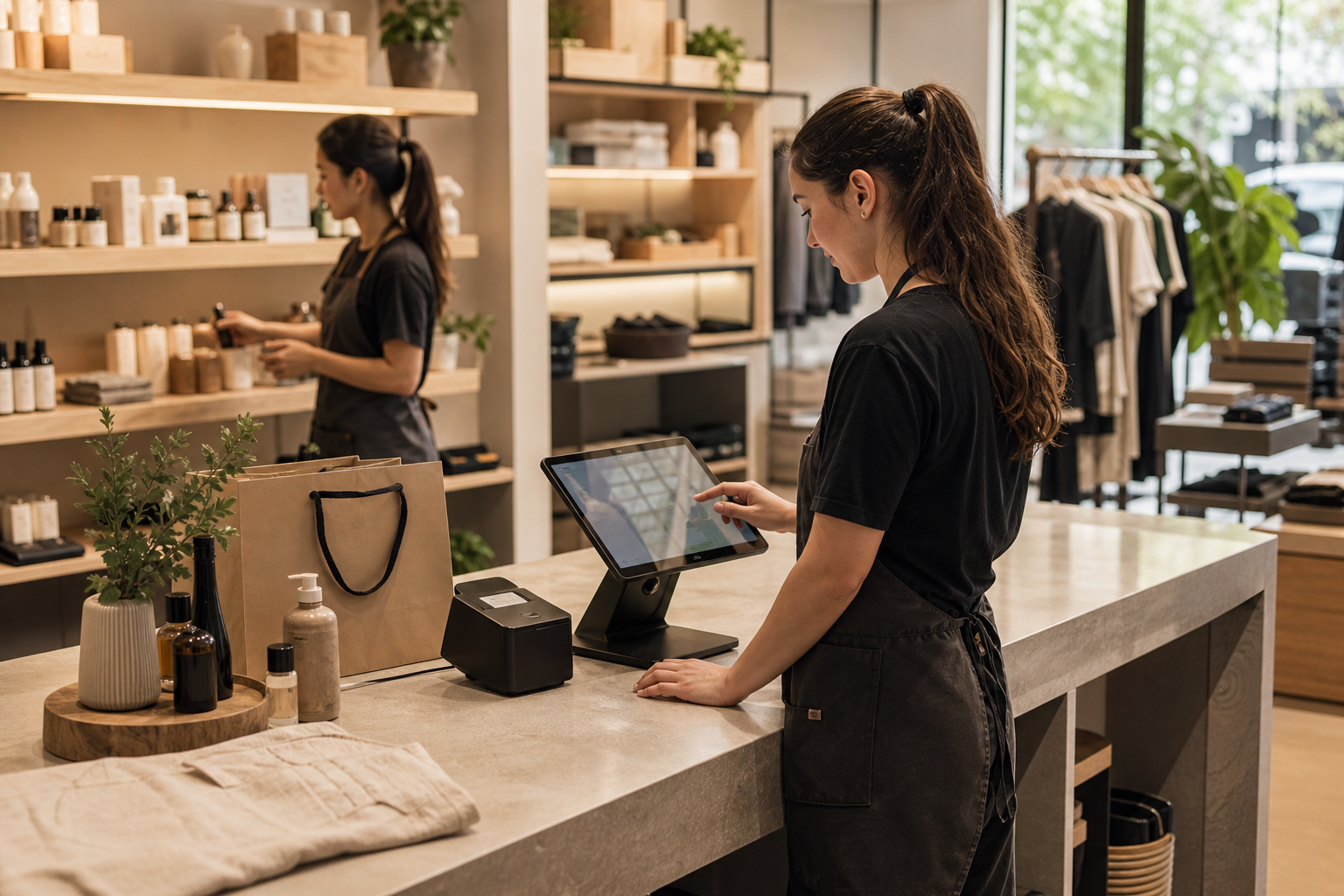 Retail staff using a touchscreen POS at the checkout counter
