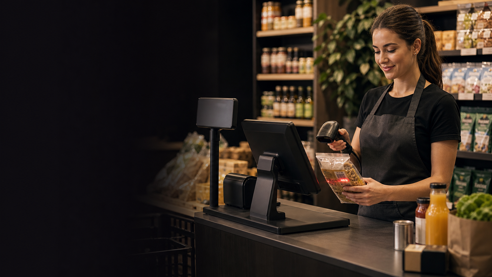 Retail checkout counter using a Nexara POS terminal for barcode scanning and sales