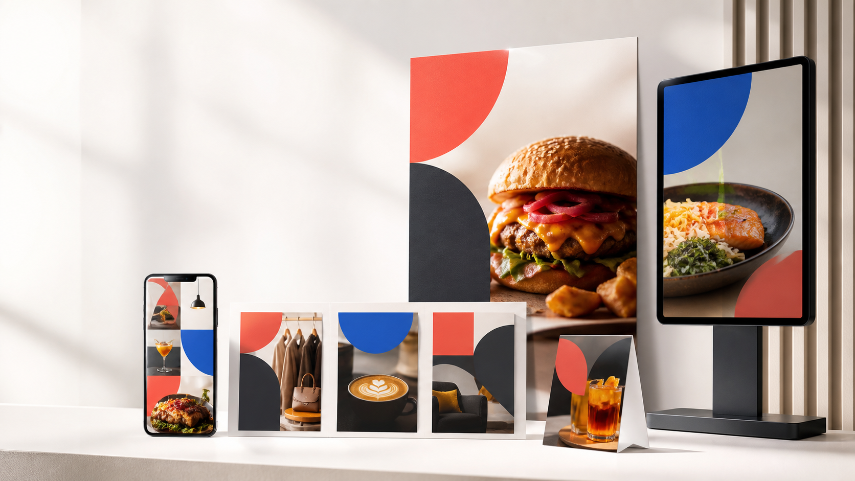 Coordinated advertising campaign across poster, digital display, phone, and countertop formats
