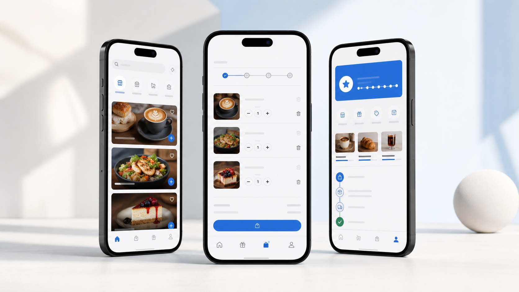Three mobile commerce app screens showing product browsing, ordering, loyalty rewards, and order tracking