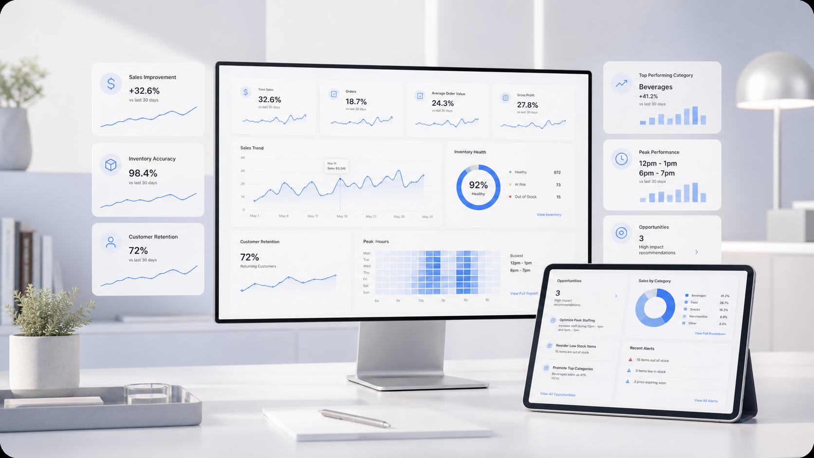Desktop and tablet dashboards showing sales, inventory, customer retention, and operating opportunities