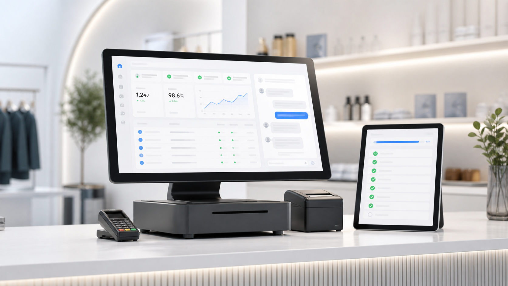 POS terminal and tablet showing healthy live operations, support messages, and a launch checklist