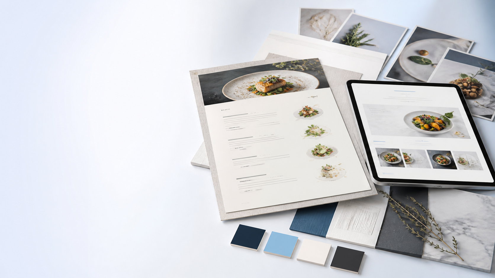Premium menu design presentation with printed menu, tablet, food photography, and colour samples