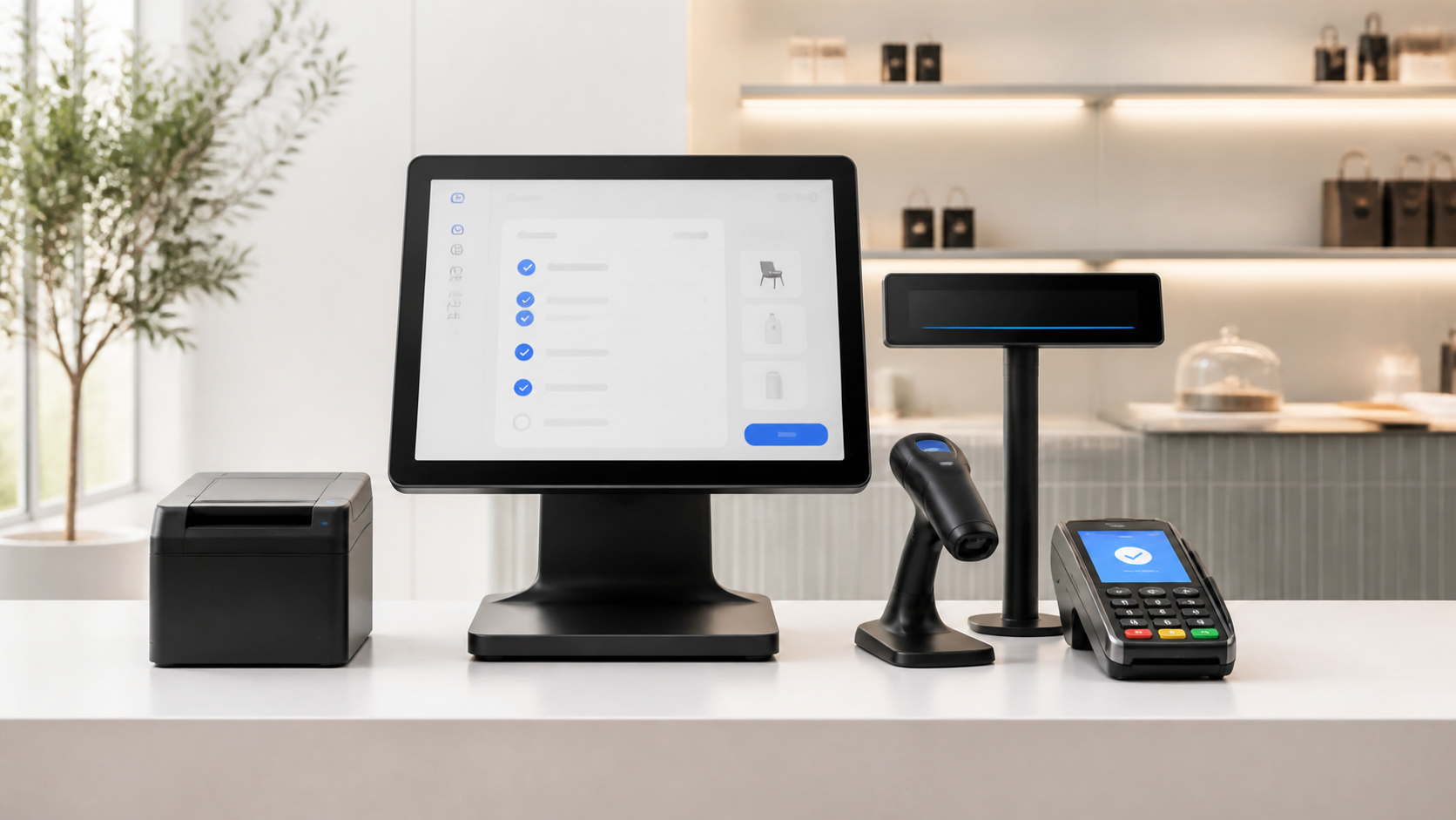Complete POS hardware setup with terminal, customer display, scanner, printer, and payment device