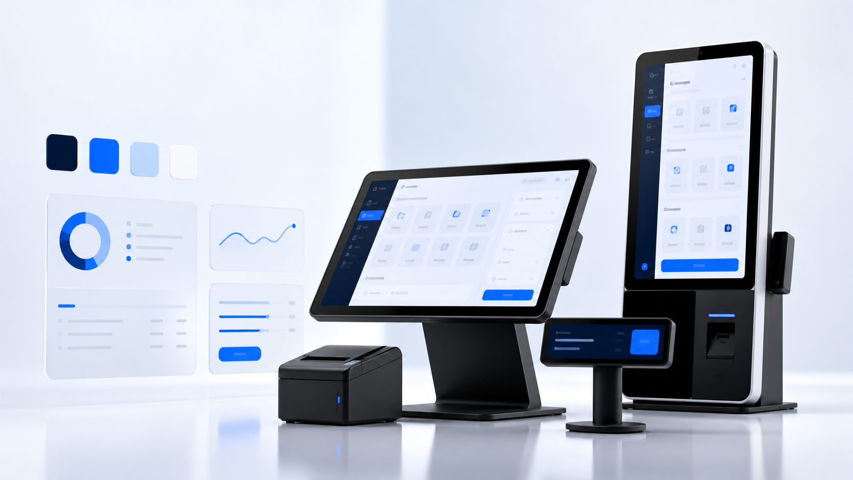 Branded POS terminal, kiosk, customer display, and receipt printer presented as one system